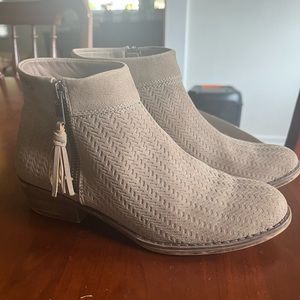 Roxy ankle heeled mini booties, taupe colored suede.